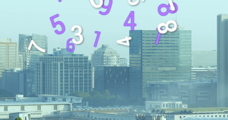 Image of multiple changing numbers against aerial view of cityscape