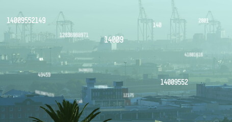 Image of multiple changing numbers against aerial view of cityscape
