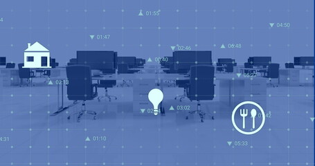 Image of digital icons and data processing over grid network against empty office