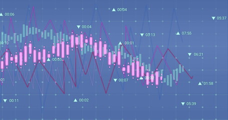 Image of data processing over grid network against blue background