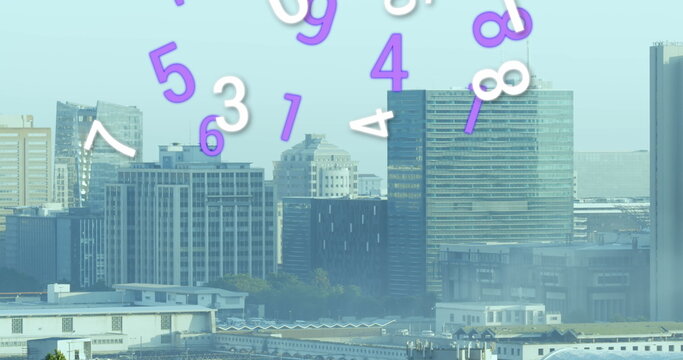 Image of multiple changing numbers against aerial view of cityscape