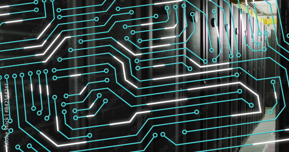 Poster image of circuit board over computer servers