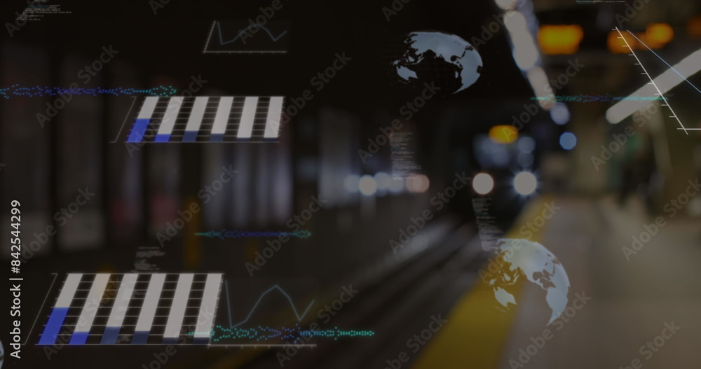 Poster Image of globes and data processing over train at platform, copy space