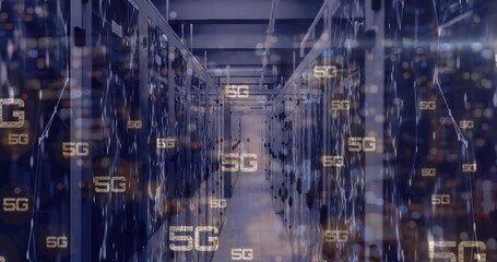 Image of 5g text and data processing over computer servers, copy space