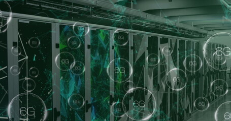 Image of shapes and 6g texts over server room, copy space
