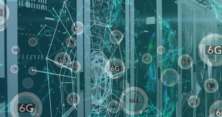 Image of shapes and 6g texts over server room, copy space