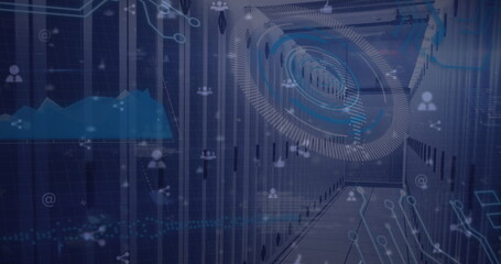 Image of scope scanning and globe with icons over server room, copy space