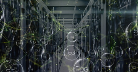 Image of shapes and 6g texts over server room, copy space