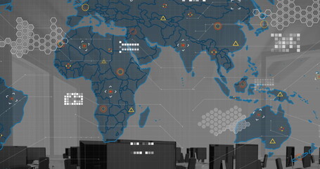 Image of data processing and statistics with world map over offcie