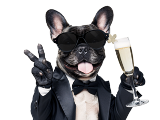 a dog wearing a suit and tie holding a glass of champagne