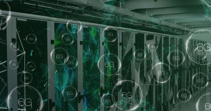 Image of shapes and 6g texts over server room, copy space