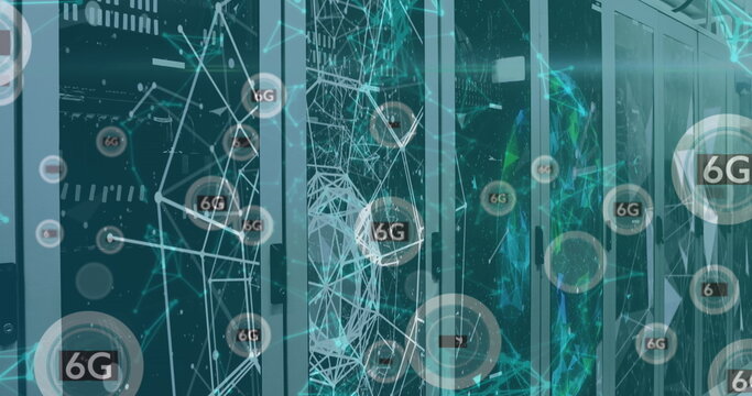Image of shapes and 6g texts over server room, copy space