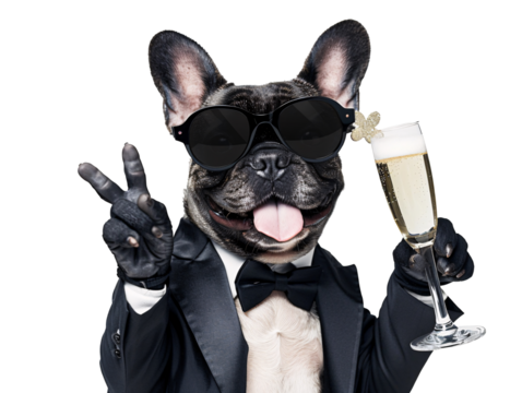 a dog wearing a suit and tie holding a glass of champagne