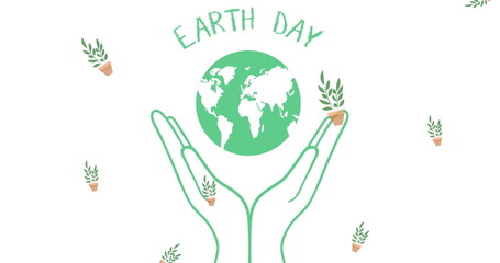 Image of earth day text over globe and hands