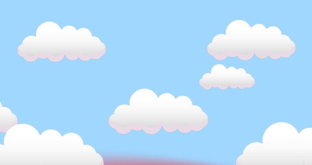 Image of clouds over rainbow on blue background