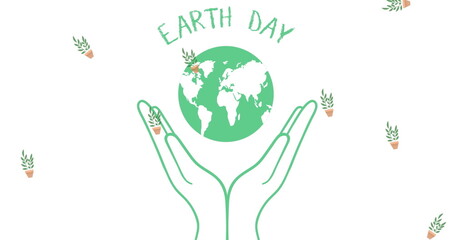 Image of earth day text over globe and hands