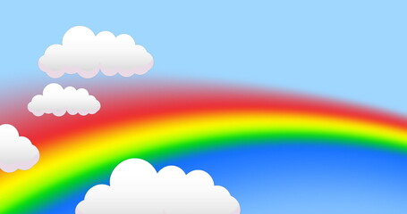 Image of clouds over rainbow on blue background