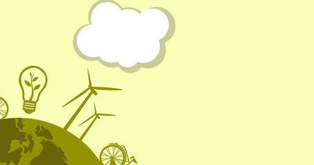 Image of green lightbulb and globe over cloud on yellow background