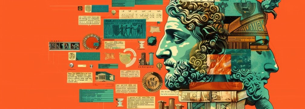 The image shows a roman emperor statue's head with mosaic texture in front of orange background with some glitch effect.