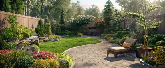 A backyard renovation project, transforming a plain yard into an inviting outdoor living space with a patio and garden