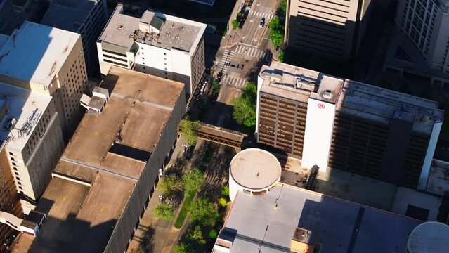 High angle view of Devon Tower corporate building and skyscrapers, urban architecture in downtown Oklahoma City in a sunny day