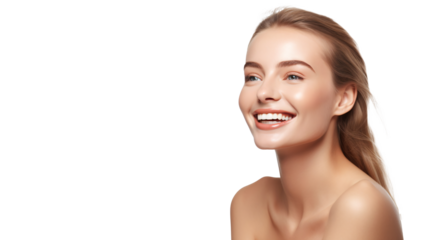 a woman smiling with her hair pulled back