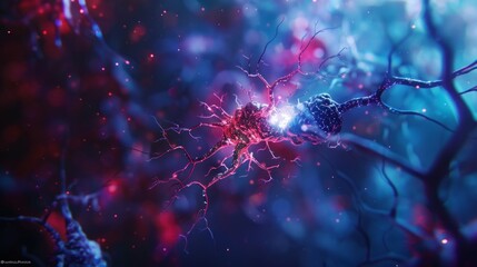Obraz premium Neuron cells sending electrical chemical signals. Realistic shot of An illustration showing the closeup view of an isolated neurons with colorful lighting and detailed textures, Medical reference