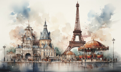 collage, watercolor drawing of the sights of Paris. France, Travel, Sport, 