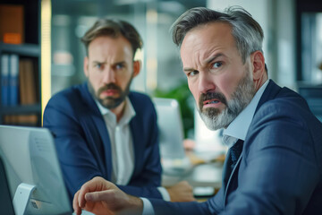 Obraz premium Two businessmen appear stressed and serious while working on computers in a modern office. They show focus and dedication to their work in a corporate environment