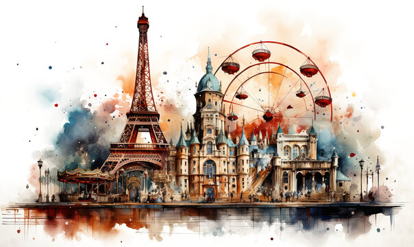 collage, watercolor drawing of the isolated  sights of Paris. France, Travel, Sport, 