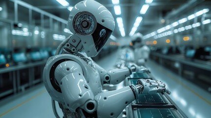 Fototapeta premium Humanoid Robots Working on a High-Tech Assembly Line in a Futuristic Factory