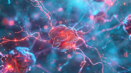 Obraz premium Neuron cells sending electrical chemical signals. Realistic shot of An illustration showing the closeup view of an isolated neurons with colorful lighting and detailed textures, Medical reference