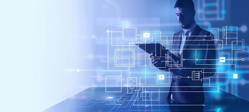 A businessman designs workflow automation using flowcharts to visualize the concept of model work structure.