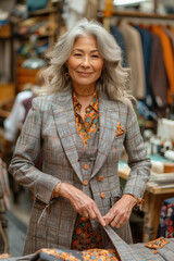 Obraz premium A woman wearing a suit inside a store, possibly as a customer or for shopping purposes