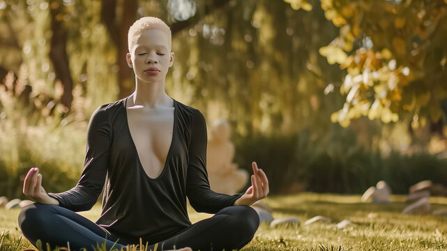 Meditating in nature under trees promotes calmness, relaxation, inner peace, and mental wellbeing, enhancing mindfulness and harmony in a tranquil setting - Powered by Adobe