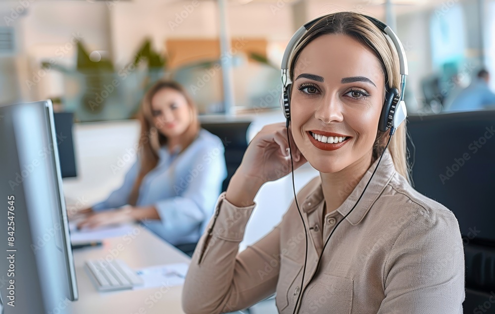 Wall mural A professional woman wearing a headset smiles confidently while working in a call center. - Wall murals