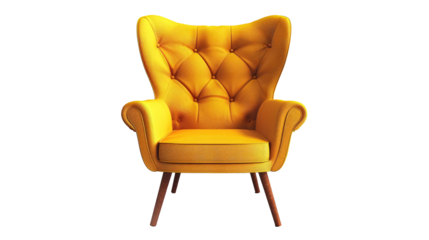 a yellow chair with wooden legs
