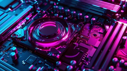 3D rendering a computer screen with the inside HDD part, purple, pink, blue colors, dark background 