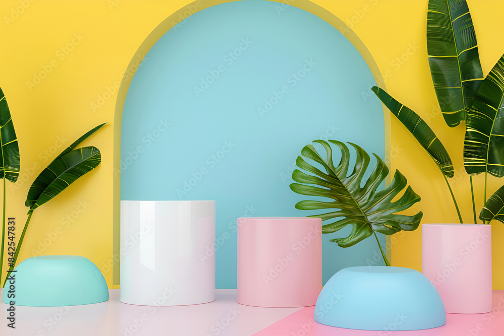 Poster abstract background in pastel colors it consists of various shapes,3d render abstract display podium