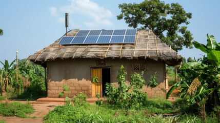 A modest house in Africa with solar panels on the roof, symbolizing hope for access to electricity in poor communities.