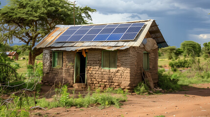 A modest house in Africa with solar panels on the roof, symbolizing hope for access to electricity in poor communities.