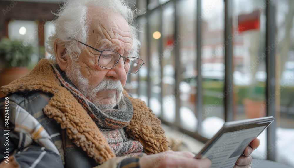 Poster an elderly man wearing glasses is sitting at a table and using a tablet computer