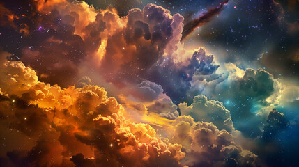 Fototapeta premium A fairy-tale scenery of clouds, where the extraordinary beauty of the rainbow and the shining Milky Way create a harmony of colors and lights.