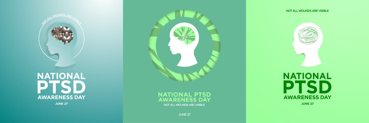 Set of National PTSD Awareness Day Greeting Templates in square format. Head silhouette in gradient backgrounds. Puzzle brain, shattered glass brain. Post-traumatic stress disorder concept. Vector.