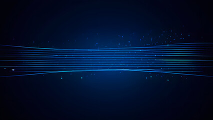Abstract blue line waves with particles shine on black background
