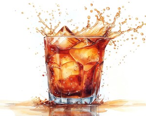 Refreshing cold drink with ice cubes splashing in a glass. Perfect for summer refreshment and beverage-related concepts.
