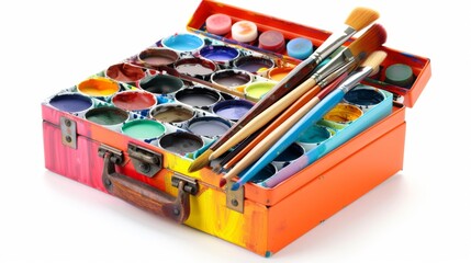 Vibrant Toolbox of Art Supplies on White Canvas Background
