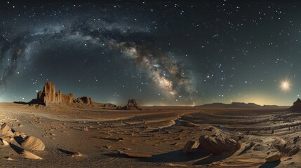 Majestic Desert Landscape: Stunning Rock Formations Under Starry Night Sky