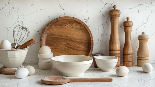 Essential Baking Tools Set on White Countertop - Whisk, Rolling Pin, Mixing Bowls for Homemade Delights