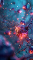 Neuron cells sending electrical chemical signals. Realistic shot of An illustration showing the closeup view of an isolated neurons with colorful lighting and detailed textures, Medical reference